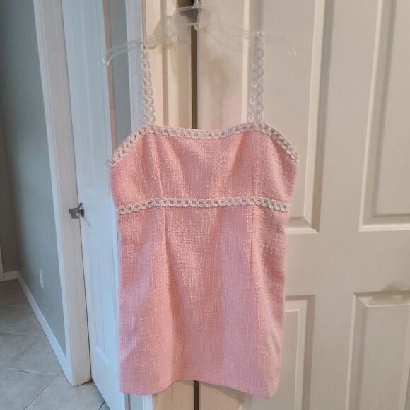 Avec Les Filles Tweed Boucle Pink White Mini Embroidered Dress XL - Picture 5 of 16